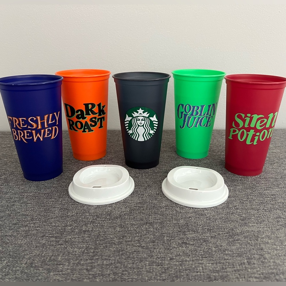 Starbucks Halloween Plastic Reusable Travel Cups 2020 Set 5 16oz 2 Lids Hot Cold